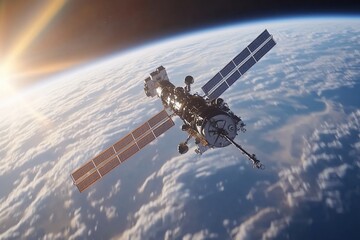 Obraz premium Satellite orbiting Earth, sunrise, clouds. Space exploration imagery.