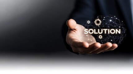 Business professional presenting a digital representation of a solution with technology elements