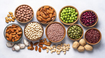 Fototapeta premium Healthy nuts and legumes in bowls, showcasing variety of colors and textures. Perfect for nutrition and cooking inspiration