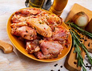 Marinated raw chicken meat before frying shish kebab, nobody