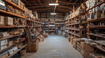Fototapeta premium Overstuffed warehouse shelves filled with various items and materials