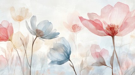Delicate Floral Illustration, Soft Pastel Flowers, Abstract Background, Decorative Wall Art, Design Element