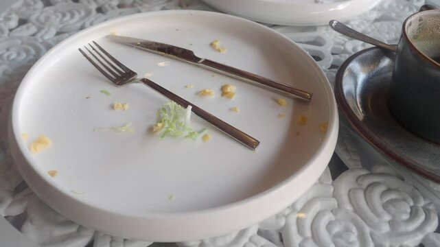 Empty plates and cup after meal at a casual dining spot