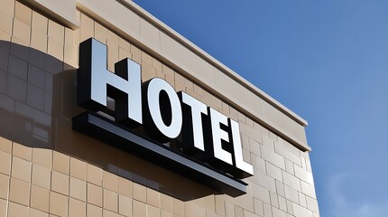 Obraz premium Hotel building exterior with bold signage against a clear blue sky, representing modern travel, tourism, and hospitality industry, ideal for branding, accommodation, and lodging concepts