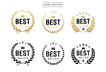 Set of badge best seller, best choice, best price, best quality. Gold logo design with wreath laurel. Vector template