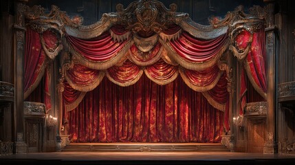 Ornate Theater Stage with Red Velvet Curtains and Gilded Accents