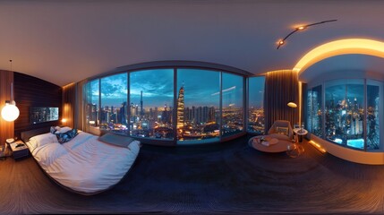 Fototapeta premium Panoramic Hotel Room at Night with City View