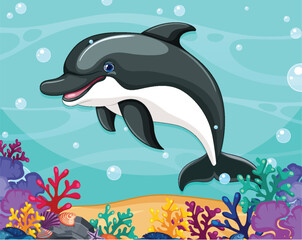 Fototapeta premium Playful Dolphin in Vibrant Coral Reef