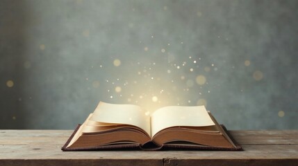 An Open Book Glowing with Enchanting Light on a Rustic Wooden Surface