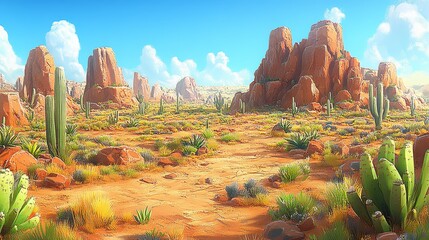 Sun-Drenched Desert Landscape with Majestic Rock Formations and Vivid Cactus Flora