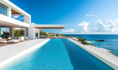 Fototapeta premium Pristine White-Tiled Pool with Sparkling Ocean Views, Creating a Serene and Luxurious Outdoor Escape