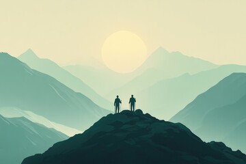 Silhouette couple hiking in mountains at sunset or sunrise, vector art illustration, vintage travel poster, adventure concept, Valentine's Day banner, romantic landscape