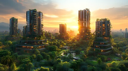Obraz premium Eco-city sunset, lush towers, mountain backdrop, sustainable living