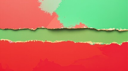 Torn paper with red and green layers creating a textured abstract background. The edges are rough and organic. Concept of contrast and creativity. Ai generative