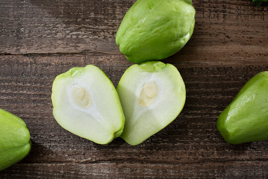 A top down view of a sliced chayote.