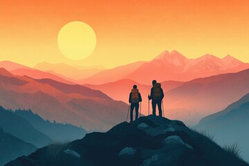 Obraz premium Flat Illustration of Two Hikers on a Mountain Landscape. Retro Style Vector Art with Soft Pastel Colors at Sunset or Sunrise, Adventure Travel Poster