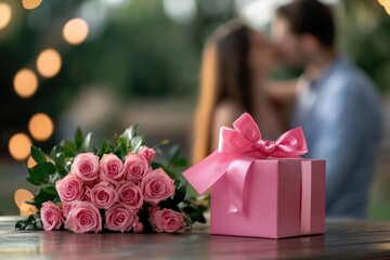 Obraz premium Pink gift box with bow beside bouquet of pink roses on wooden table, blurred background of couple kissing, Valentine's Day love concept, banner or poster
