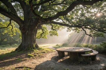 Majestic Oak Tree Stands Tall Around Rustic Round Table: Nature's Product Photography