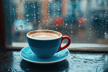 Obraz premium A steaming cup of coffee in a blue mug with a red handle sits on a saucer. Perfect for blogs, websites, or social media, evokes cozy feelings on rainy days.