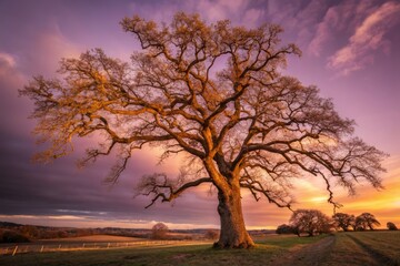 Majestic Oak Dances in Sunset Light: Architectural Photography of Nature's Cartoon