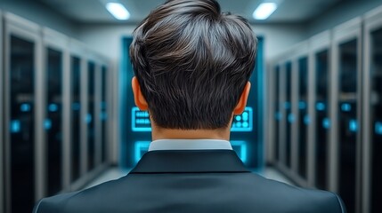 Business professional standing in a modern server room, observing digital data displays, with blue lighting
