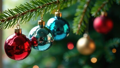 Obraz premium Colorful glass ornaments hang from a evergreen branch background, evergreen branches, holiday decor, festive atmosphere