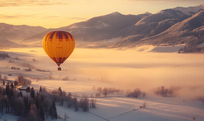 Obraz premium Hot Air Balloon Winter View, Floating Above Snow-Capped Mountains for a Peaceful and Scenic Winter Adventure