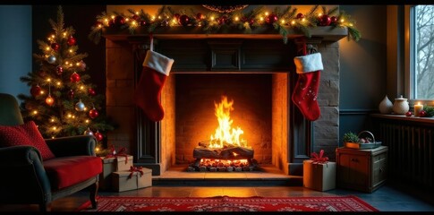 Cozy Christmas fireplace with crackling flames and festive stockings, fire pit, festive stockings