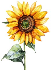 Watercolor Yellow Sunflower Isolated on White Background. Beautiful Sunflower Flower