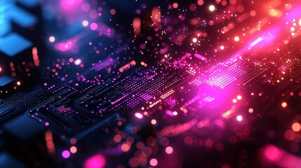 Fototapeta premium Futuristic Circuit Board, Data Flow, Neon Lights, Abstract Background, Tech Concept