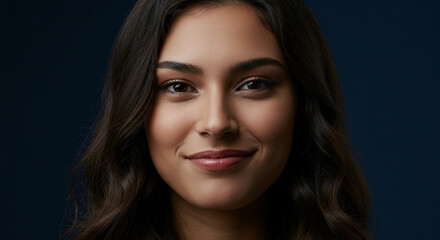 Confident Smirk on Navy Blue Background with Enhanced Negative Space