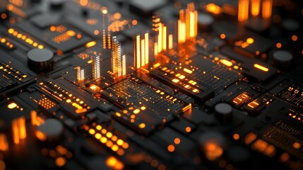 Futuristic Circuit Board, glowing orange, technology background, data processing