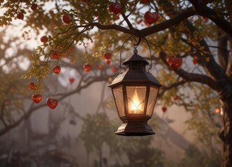 Heart-shaped lantern hanging from a tree branch , branches, lanterns, peaceful