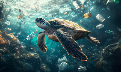 Naklejka premium sea turtle swimming through an ocean full of plastic waste.