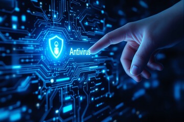 A hand touching a glowing antivirus security interface with a circuit board background. Futuristic cybersecurity concept with digital protection. Ai generative