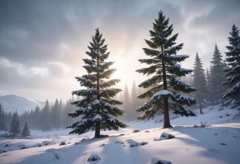 Obraz premium Heavy snowfall covers a winter landscape with a majestic Christmas pine tree , wintery scenery, snowy forest, wintry woods