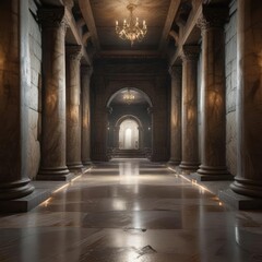 Obraz premium High ceilinged underground chamber with stone pillars and marble floors, water storage, cistern