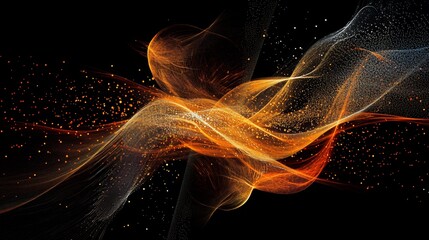 Fototapeta premium Abstract flowing lines with glowing particles in shades of orange and white on black background