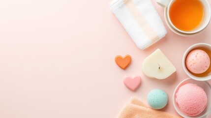 Relaxing Self-Care Arrangement with Tea, Candles, Sweet Treats, and Soft Textiles on a Light Pink Background