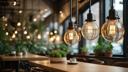 "Coffee Shop Interior Design Featuring Hanging Lights and Decorations"