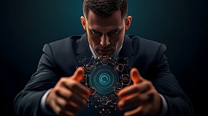 Businessman engaged in futuristic technology visualization, showcasing digital connections and analytics