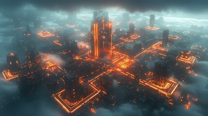 Obraz premium Futuristic city, aerial view, glowing structures, cloud cover, sci-fi concept art