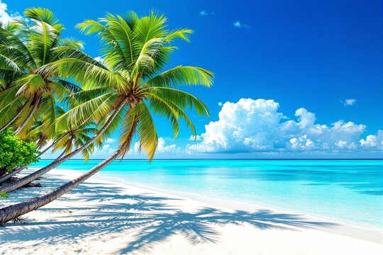 A tropical beach with leaning palm trees, white sand, and turquoise water under a bright blue sky with fluffy clouds. Paradise vacation concept. Ai generative
