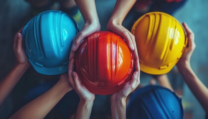 A diverse team of factory workers, united in their commitment to safety, proudly hold safety helmets and tools, symbolizing their dedication to maintaining secure and efficient working conditions