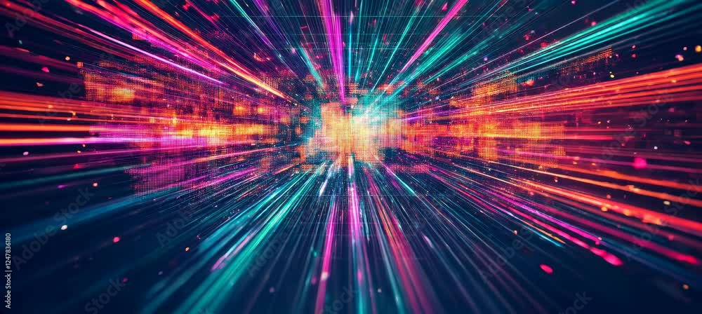 Poster Time travel on virtual space spark burst backdrop. Generative AI technology.	
