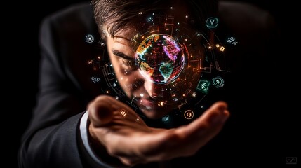 Businessman gazing at a holographic globe, surrounded by digital icons and data visualizations