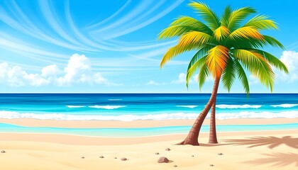 Tropical Serenity: Orange Sands, Teal Waves, and Swaying Palms