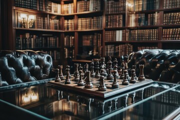 Vintage chess set displayed on glass table in a luxurious library capturing the art of strategy and elegance in chess classic setting intimate perspective