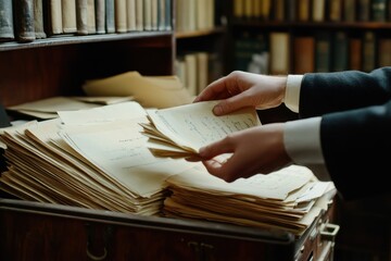 Antique Documents A Researcher Carefully Reviews Historical Papers in a Vintage Wooden Library Cabinet, Preserving Fragile Archival Records, Old Manuscripts, Library Research, Historical Records