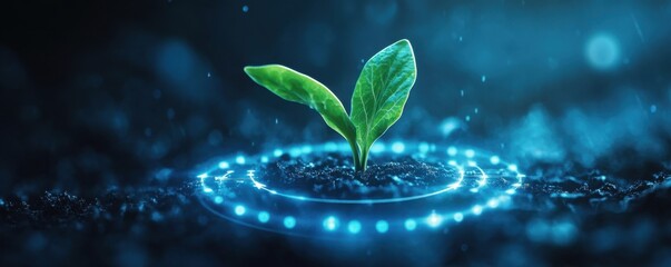 Artistic concept of a sprouting plant, digitally enhanced with glowing arrows and data metrics encircling its growth, symbolizing future prosperity and technological advancements in sustainable